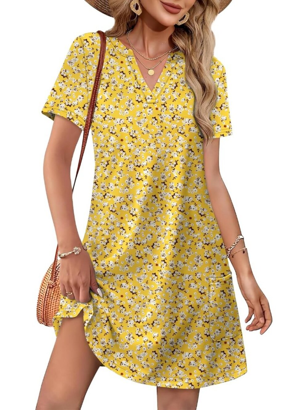 Women's Yellow Casual V-Neck Sleeves Pull On Fashion Beach Summer Mini Dress